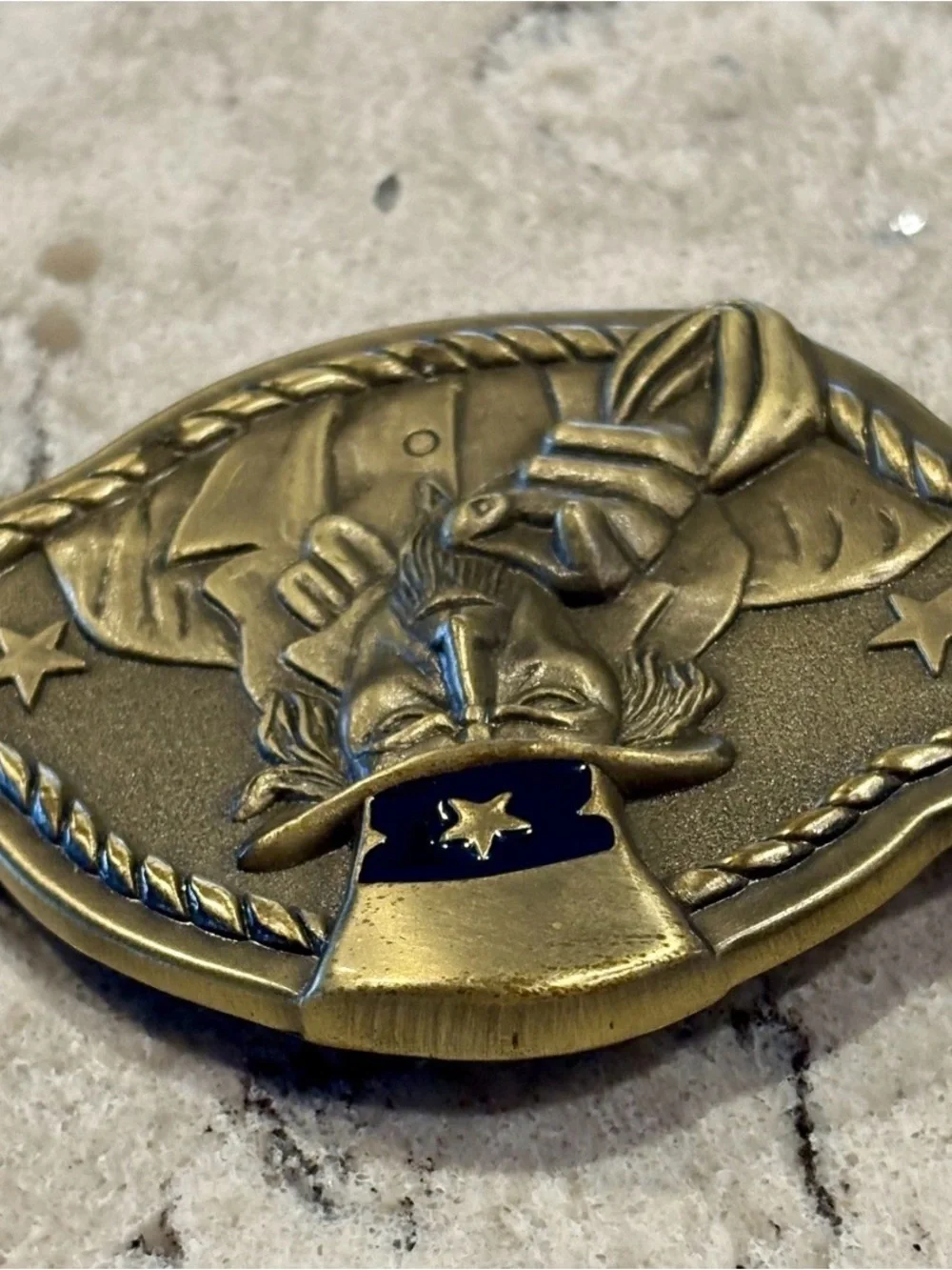 Source Unknown Brass Uncle Sam Belt Buckle with Navy Accent